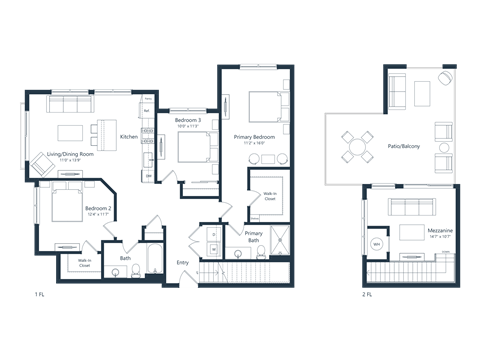 Floor plan for 3 beds, 2 baths, 1580 sqft